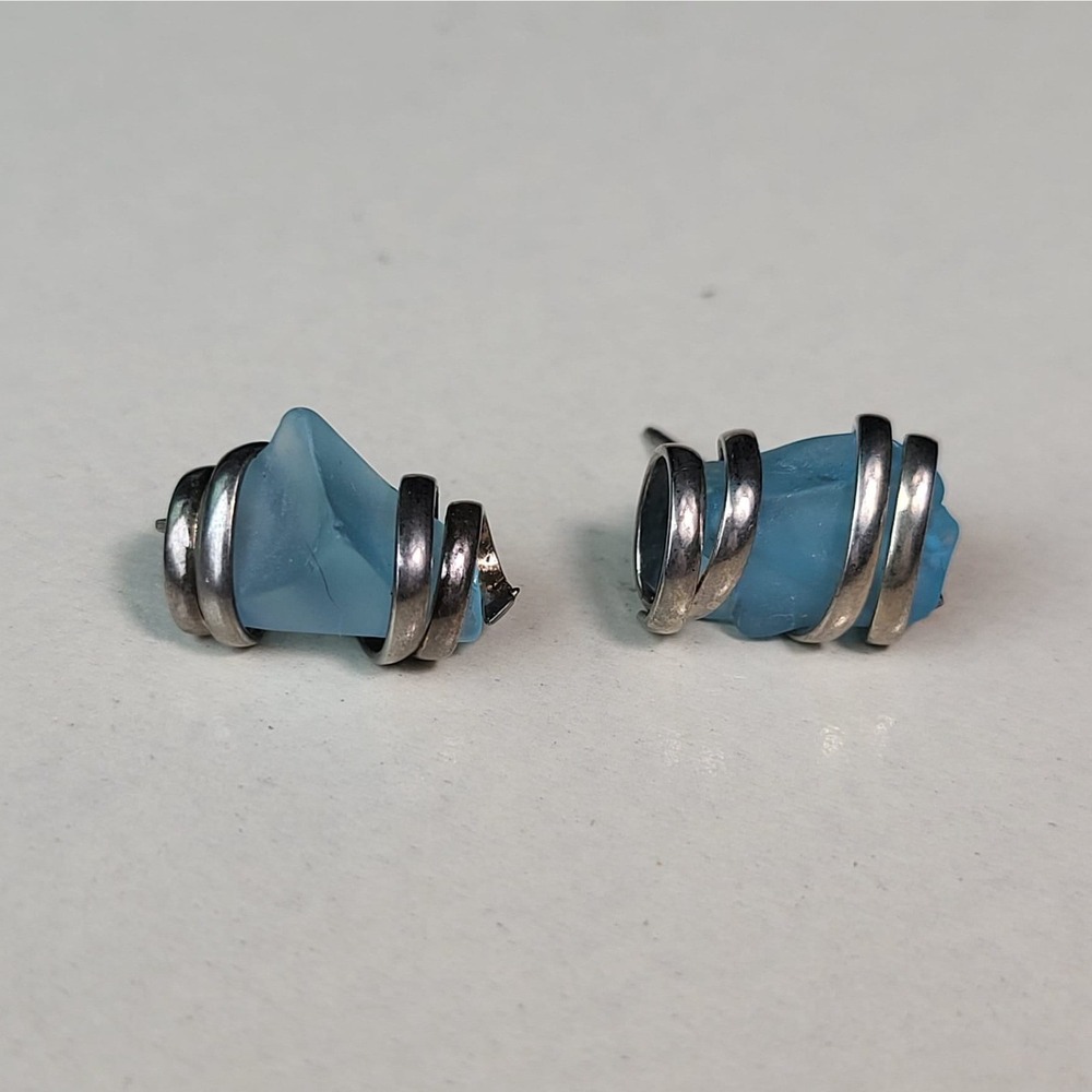 Vintage Sea Glass Stud Earrings Blue Silver Wire Wrapped Cage Studs
